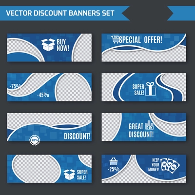 Discount super sale special offer blue paper banners set with waves decoration isolated vector illustration
