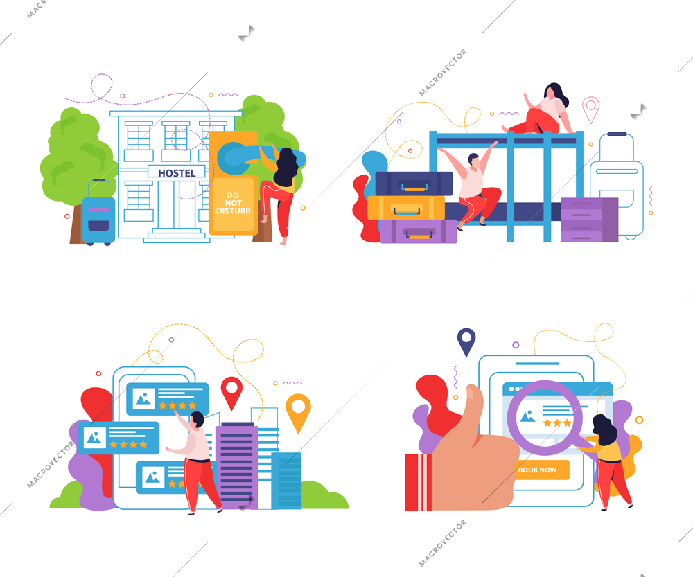 Hostel and tourists 2x2 design concept set of planning online search and reservation flat compositions vector illustration