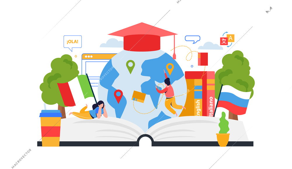 Language school flat composition with open book academic cap on globe and different state flags vector illustration