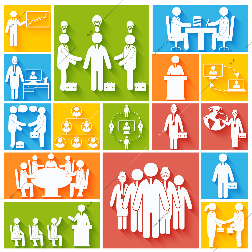 Business meeting teamwork corporate work flat icons set isolated vector illustration