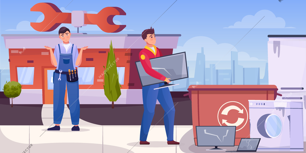 Repairmen throwing junk home technique for recycling flat vector illustration