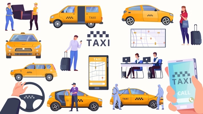 Taxi service in various work situations set flat vector illustration