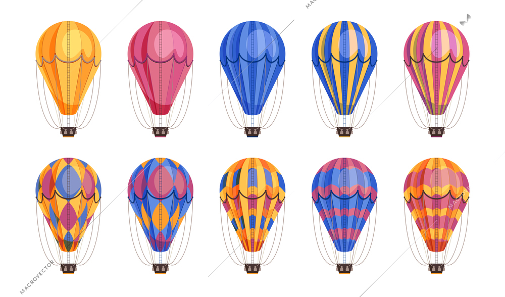 Air travel balloons icons in different color variations set flat vector illustration