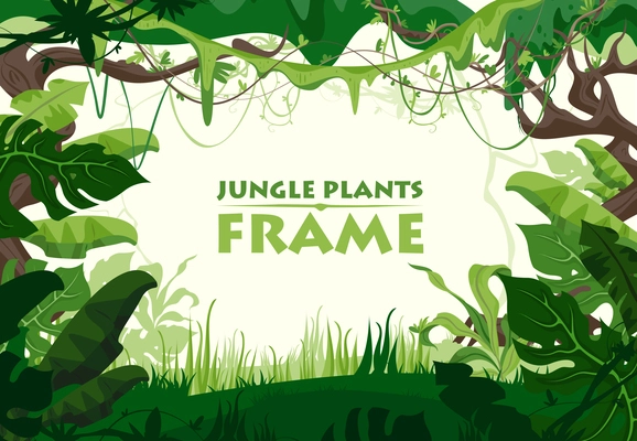 Green jungle plants frame with inscription in the middle flat vector illustration