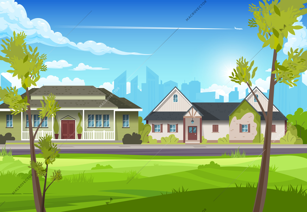 View of two suburban country houses with thin trees in the foreground flat vector illustration