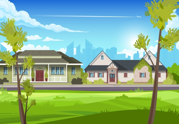 View of two suburban country houses with thin trees in the foreground flat vector illustration