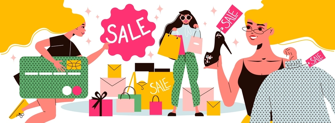 Flat big sale concept with colorful shopping bags and women buying goods at discount vector illustration
