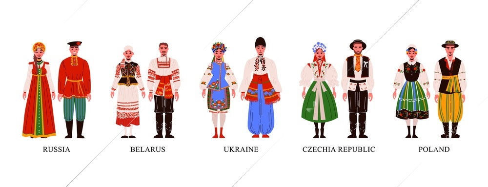 Male and female characters in traditional european costume flat icons set on white background isolated vector illustration