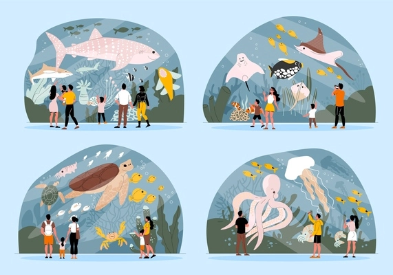 Flat 2x2 set of compositions with oceanarium visitors watching octopus shark tortoise fish jellyfish in big aquarium isolated vector illustration