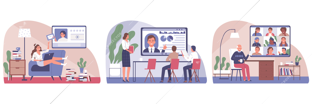 Distance education flat design concept with student business people and senior man studying online isolated vector illustration