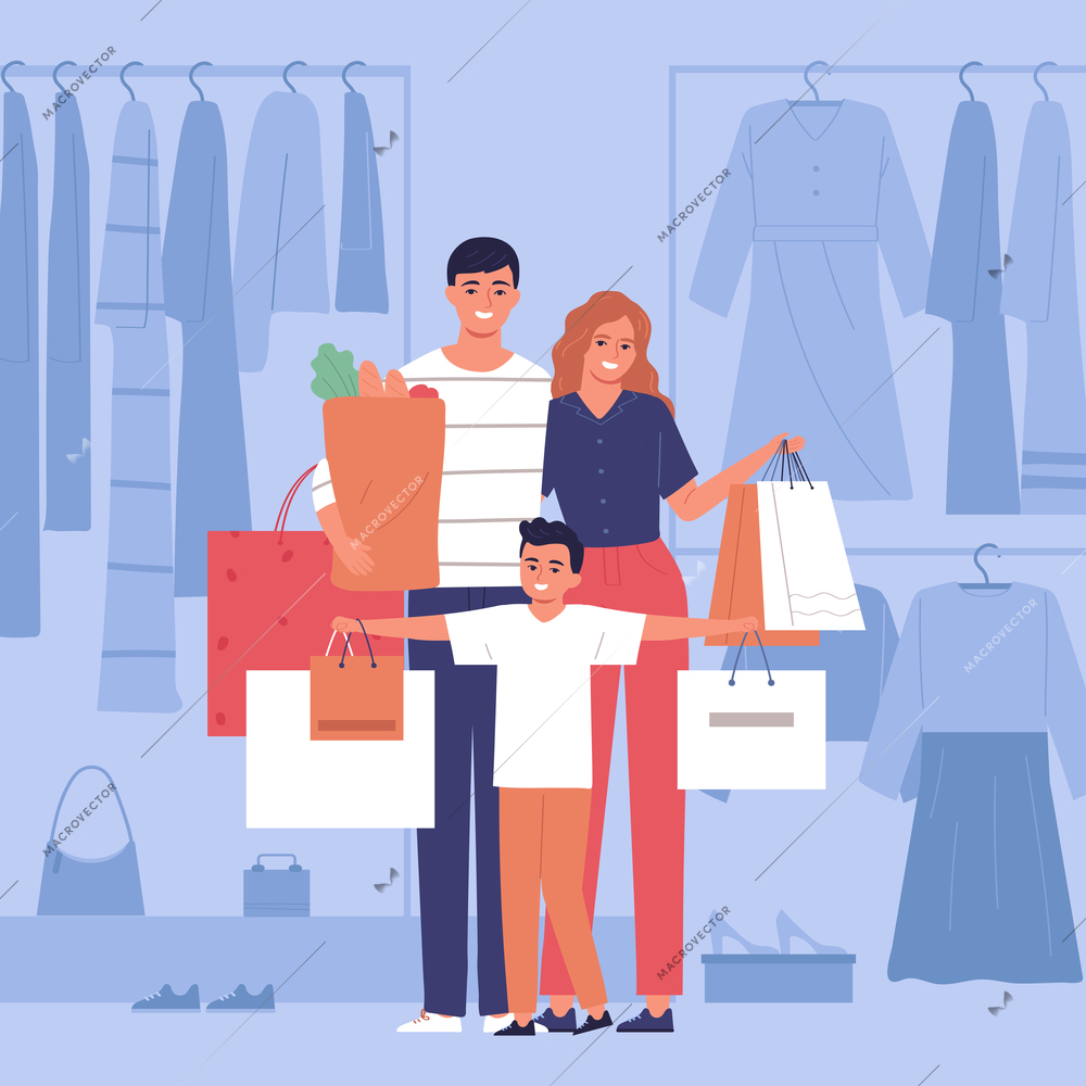 Happy family with paper bags after doing shopping at clothing store and supermarket flat vector illustration