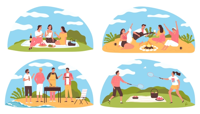 Flat set of four colorful compositions with people having barbecue and picnic outdoors isolated vector illustration