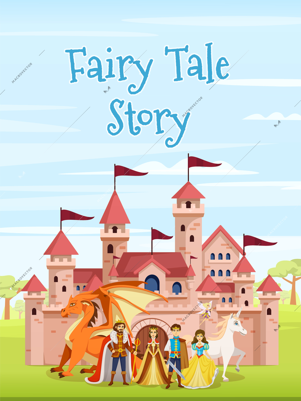 Cartoon fairy tale characters poster with fairy tale story headline and a large castle in the center vector illustration