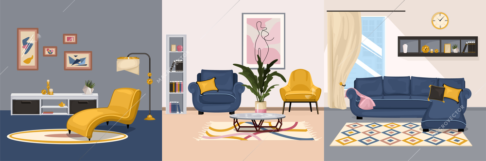 Furniture interior design concept with set of square compositions with views of interiors with designer furniture vector illustration