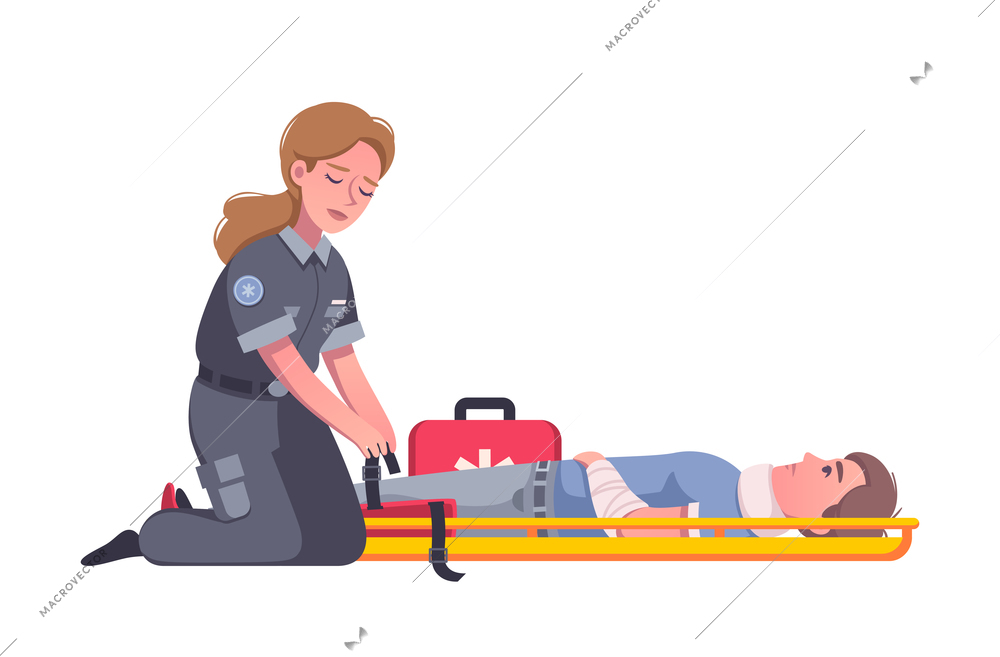 Female paramedic with first aid kit helping injured man after accident cartoon vector illustration