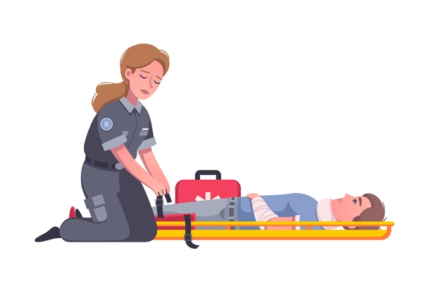 Female paramedic with first aid kit helping injured man after accident cartoon vector illustration