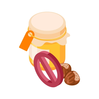 Isometric allergens icon with prohibited jar of honey and nuts 3d vector illustration