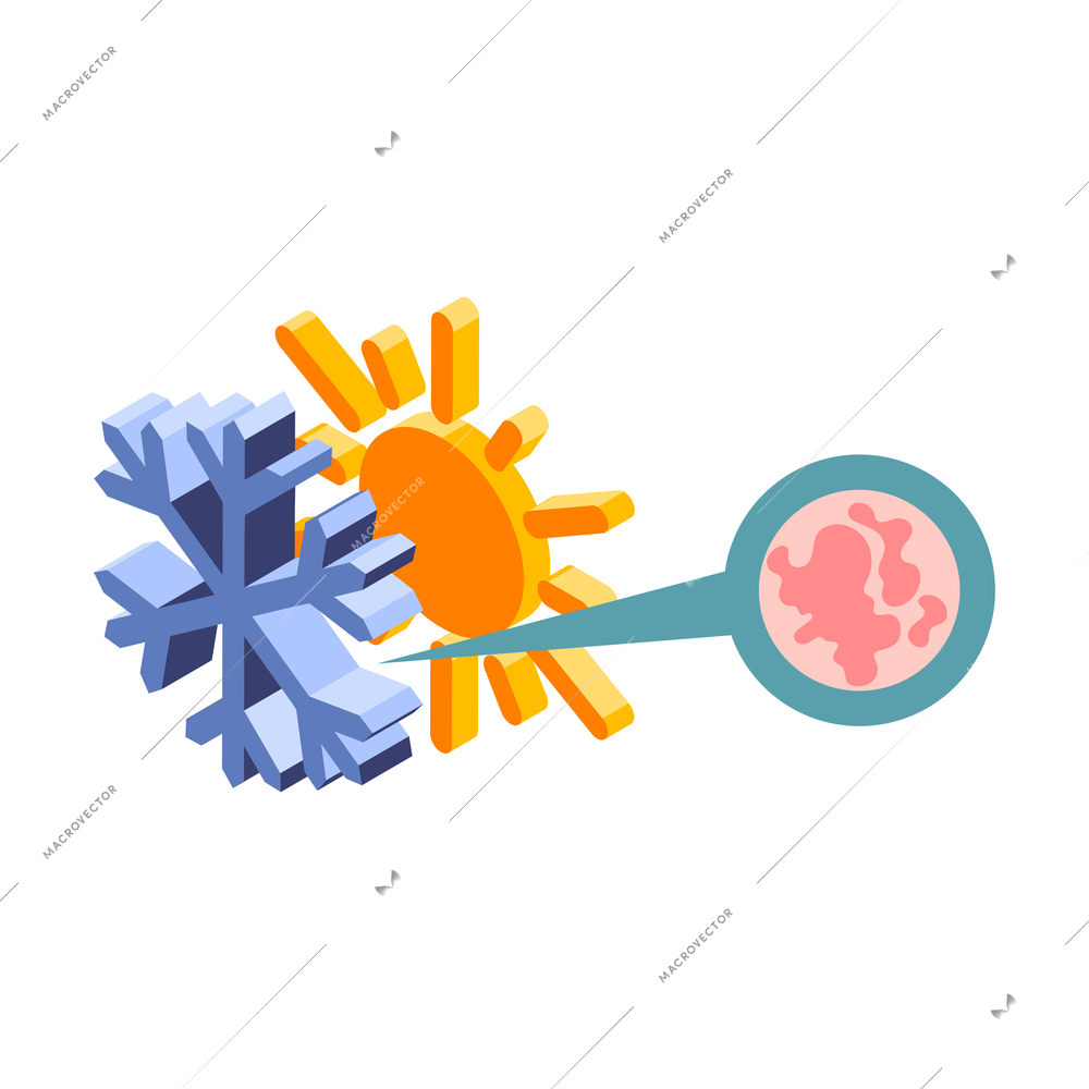 Colorful isometric icon with sun and frost allergens 3d vector illustration