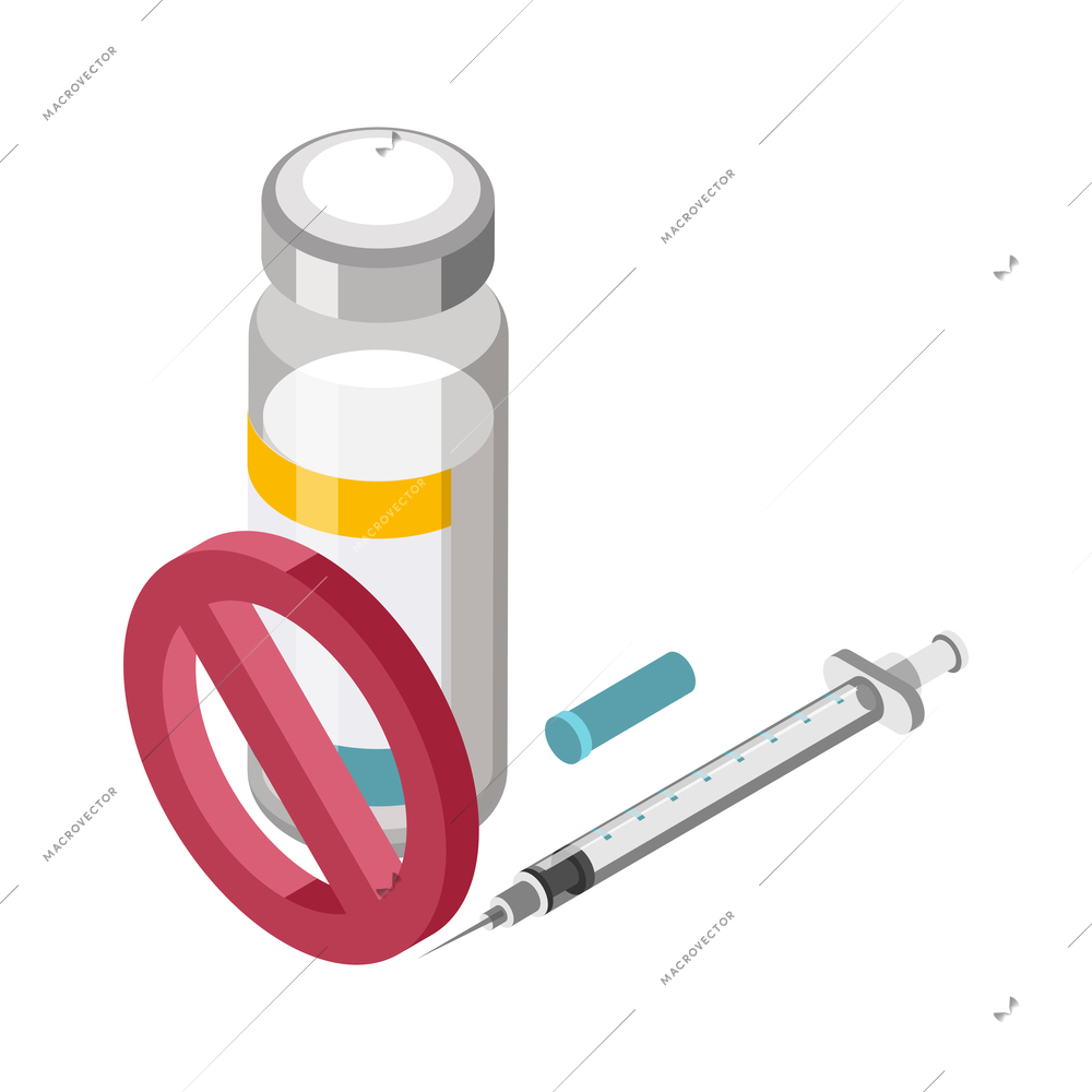 Isometric allergy to antibiotics icon with bottle syringe and prohibition sign vector illustration