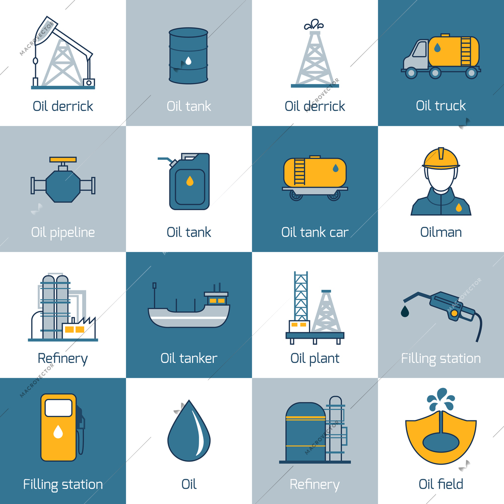 Oil gas fuel and petroleum flat line icons set with refinery tanker barrel isolated vector illustration