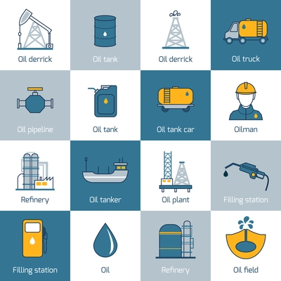 Oil gas fuel and petroleum flat line icons set with refinery tanker barrel isolated vector illustration