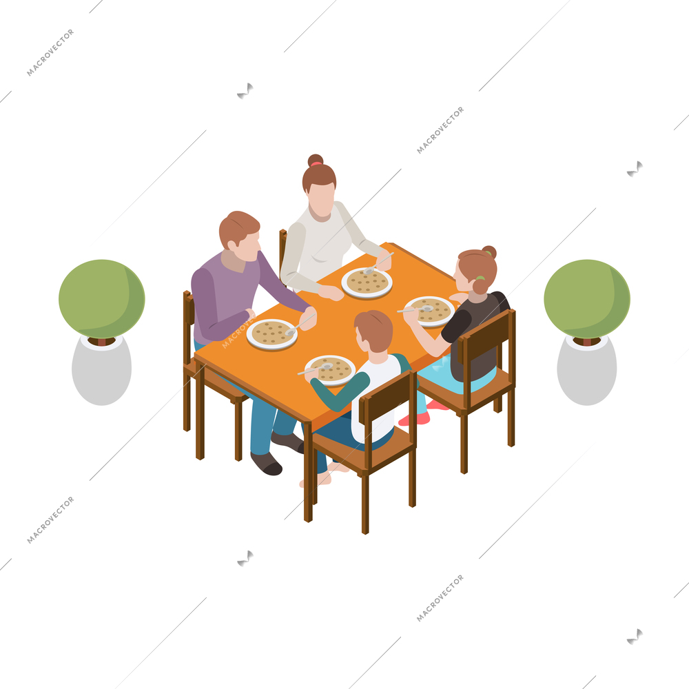 Family with parents and two children eating together at cafe or home 3d isometric vector illustration