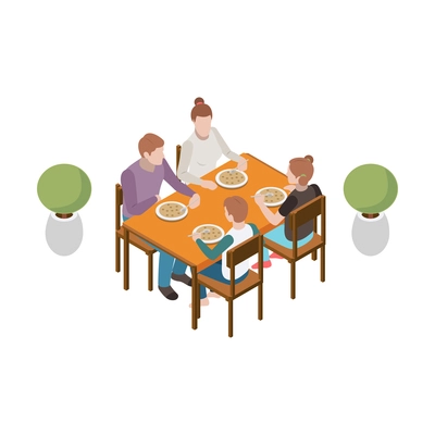 Family with parents and two children eating together at cafe or home 3d isometric vector illustration