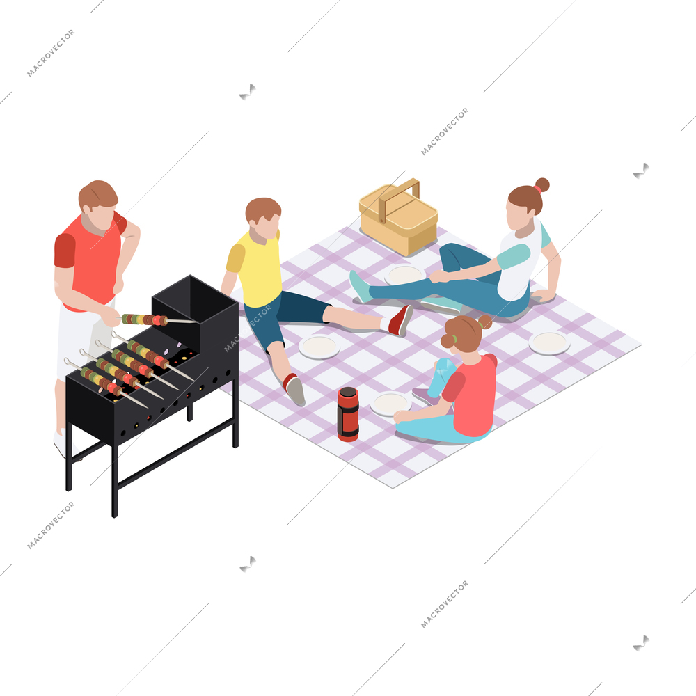 Family having picnic barbecue cooking food outdoors 3d isometric vector illustration