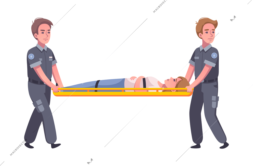 Paramedic ambulance cartoon icon with two doctors and woman on stretcher vector illustration