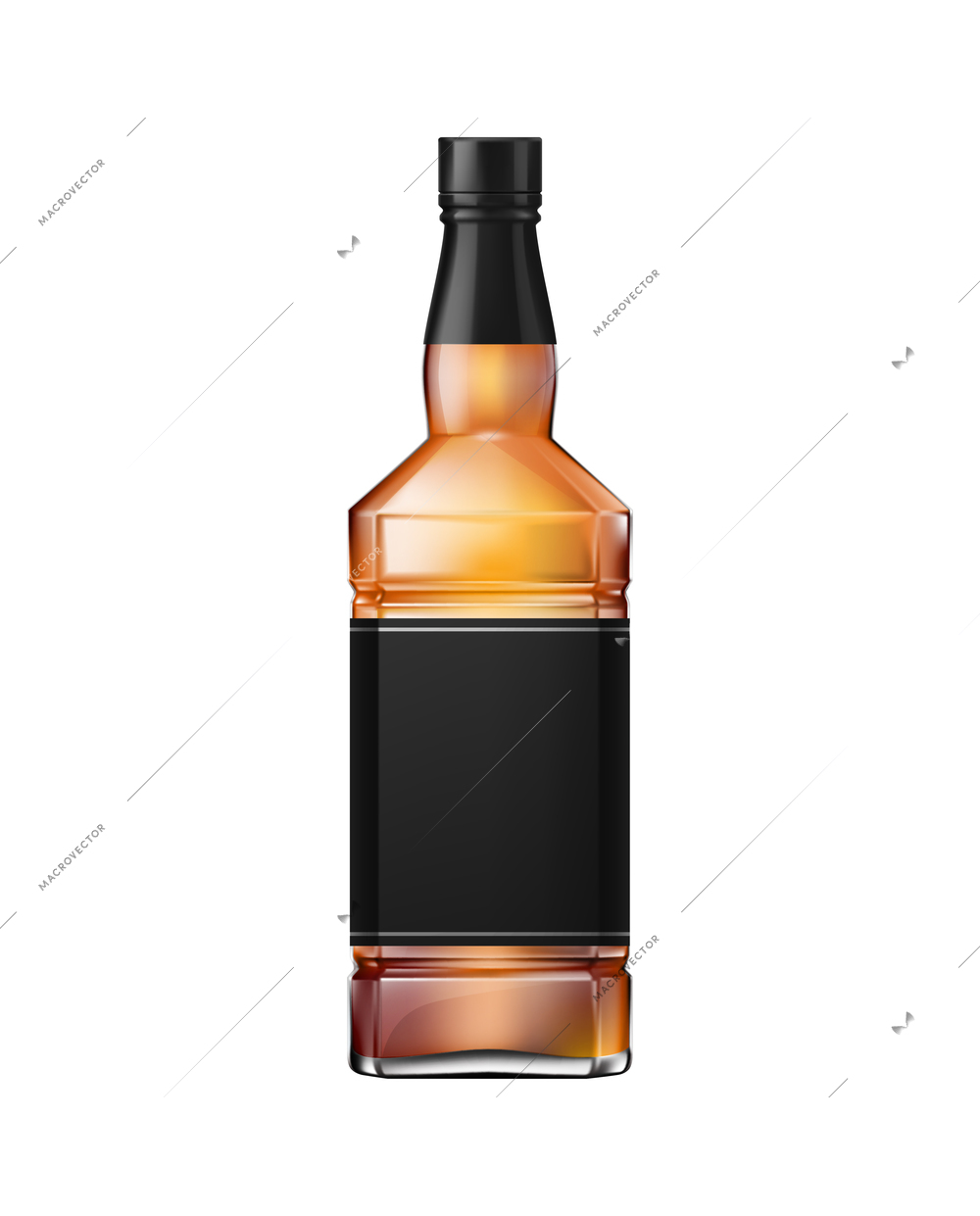 Whisky cognac or brandy bottle with black label and screw cap realistic vector illustration