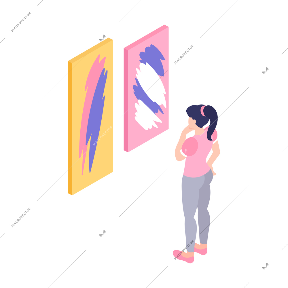 Isometric exhibition art gallery icon with woman looking at two abstract paintings isolated vector illustration