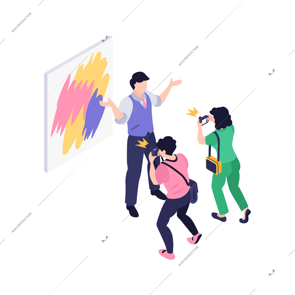 Isometric icon with museum curator and two people taking photo of painting on wall 3d vector illustration