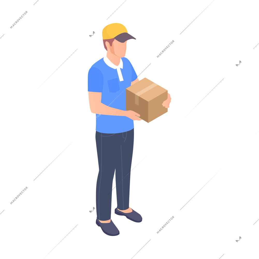 Delivery service isometric icon with male courier holding cardboard box 3d vector illustration