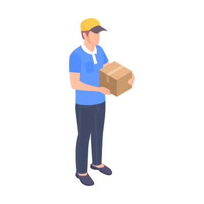 Delivery service isometric icon with male courier holding cardboard box 3d vector illustration