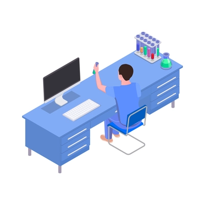 Science lab isometric icon with character at his work place flasks and tubes on desk vector illustration