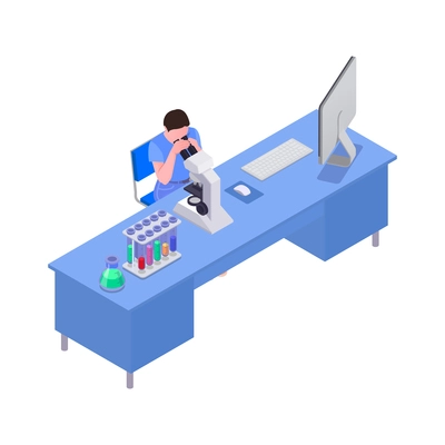 Man looking through microscope in science laboratory isometric vector illustration