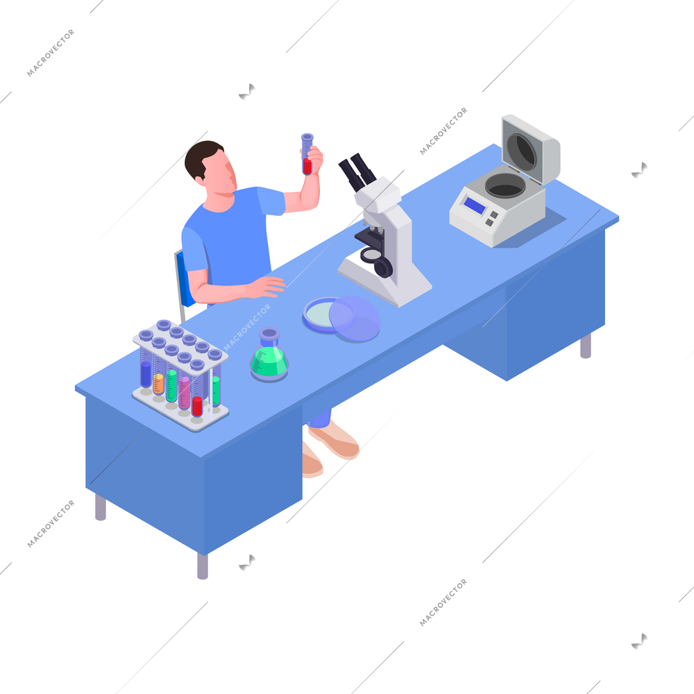 Isometric icon with science laboratory worker at desk 3d vector illustration