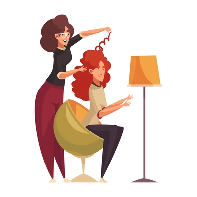 Hair salon flat icon with happy characters of stylist and curly client vector illustration