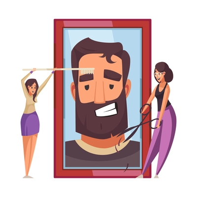 Barber shop flat composition with two stylists cutting man beard and brushing eyebrows vector illustration