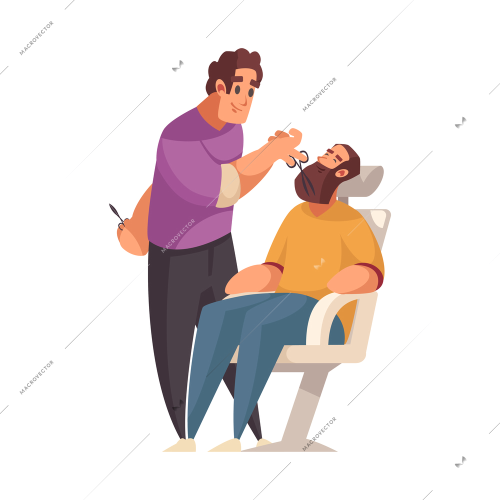 Smiling barber cutting man beard flat vector illustration