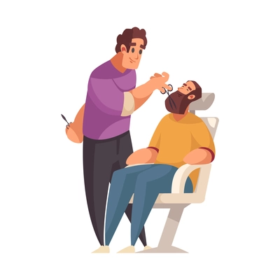 Smiling barber cutting man beard flat vector illustration