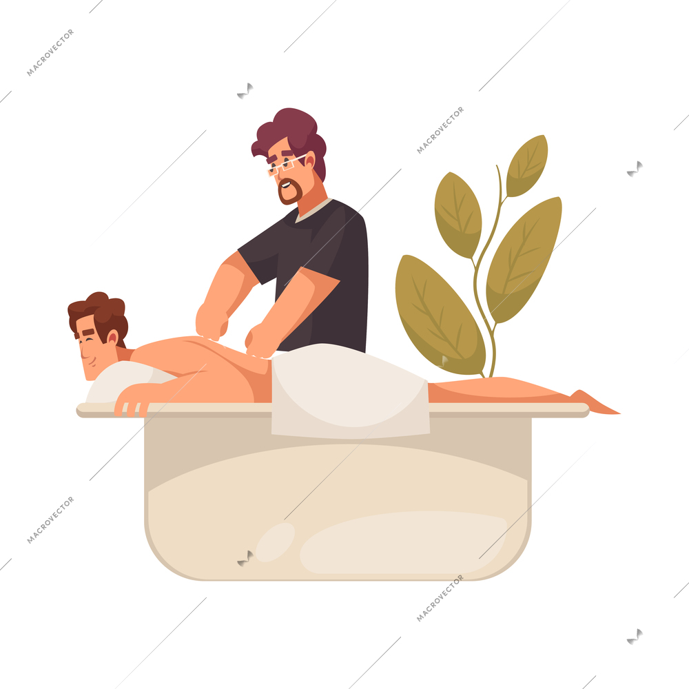 Flat icon with male specialist doing relaxing body massage vector illustration