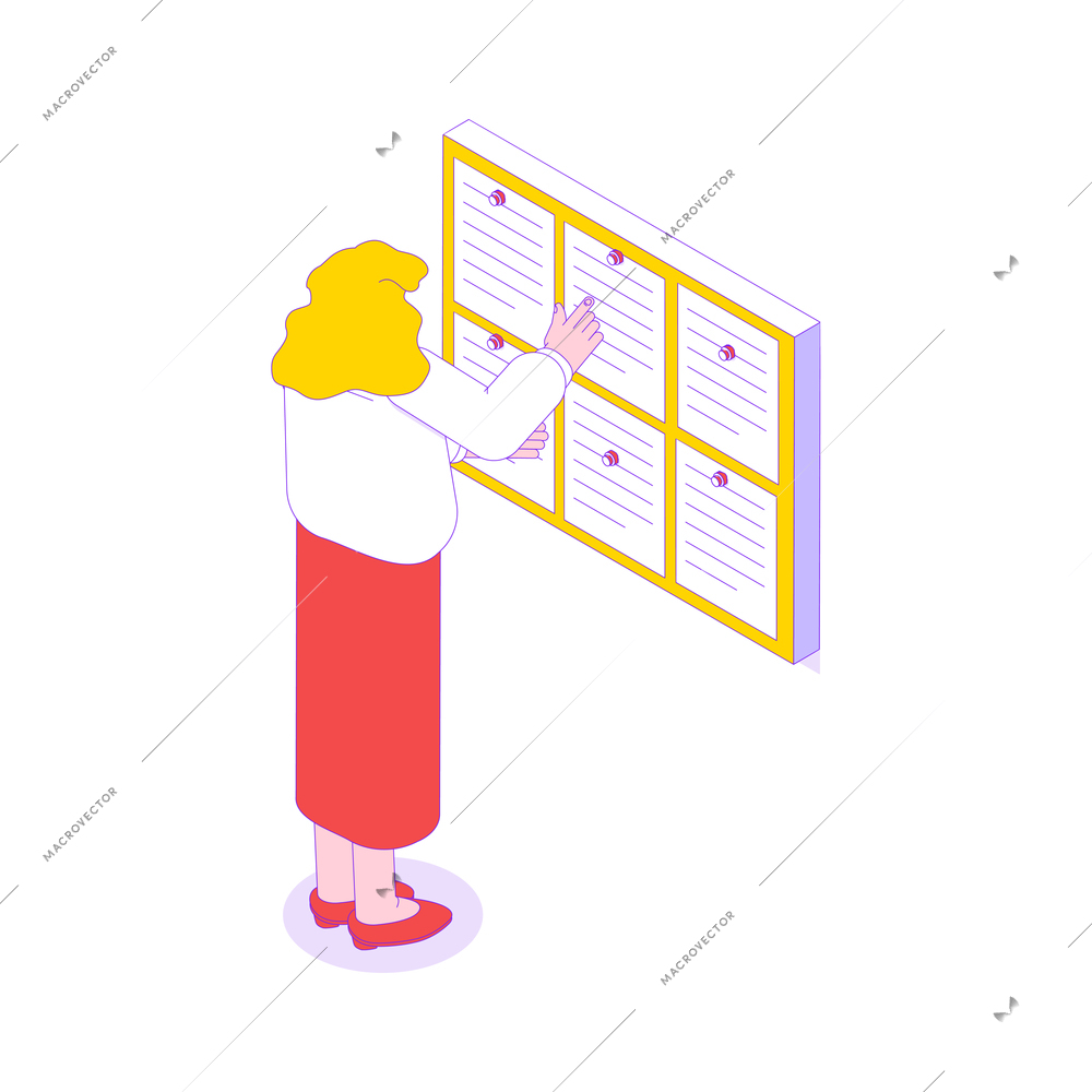 Office worker reading information on board isometric icon 3d vector illustration