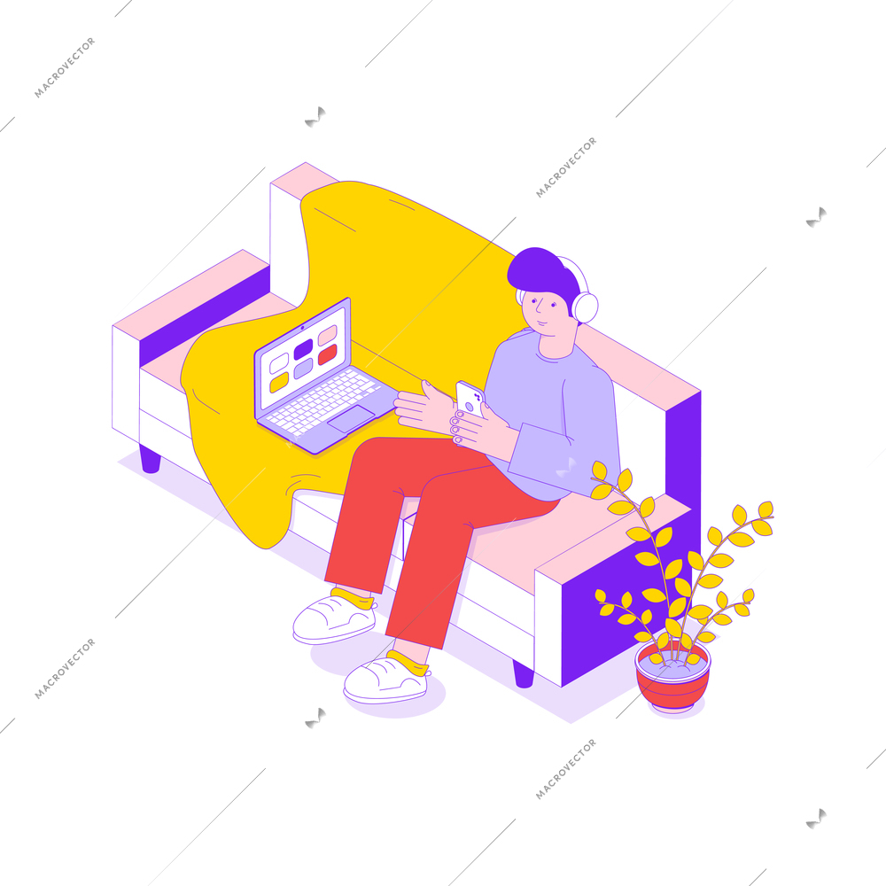 Man listening to music in headphones sitting on sofa isometric icon 3d vector illustration