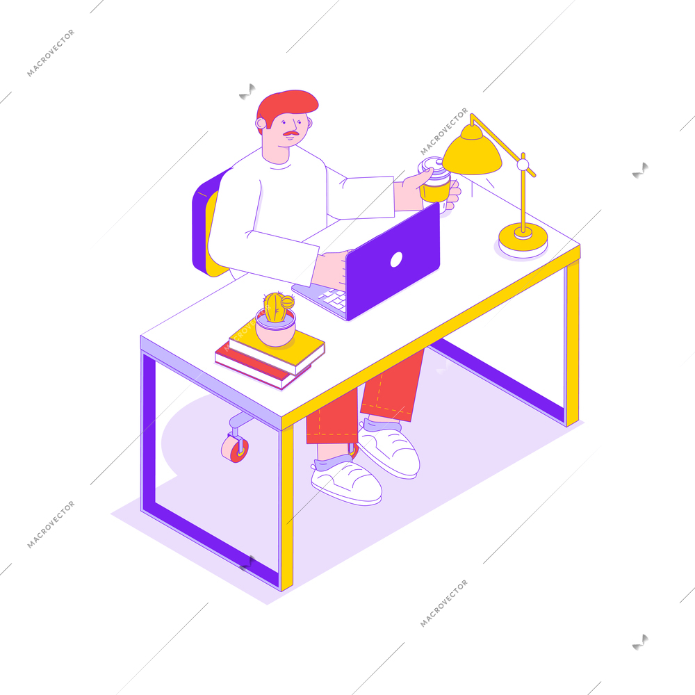Isometric icon with office worker at his desk with laptop and cup of coffee vector illustration