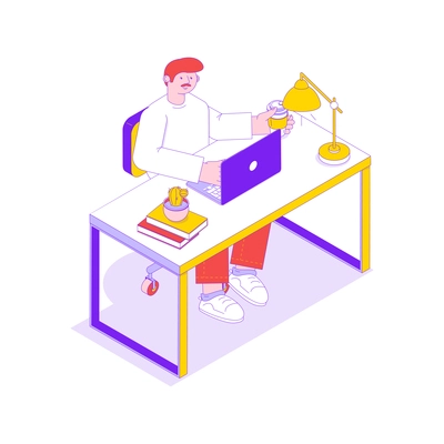 Isometric icon with office worker at his desk with laptop and cup of coffee vector illustration