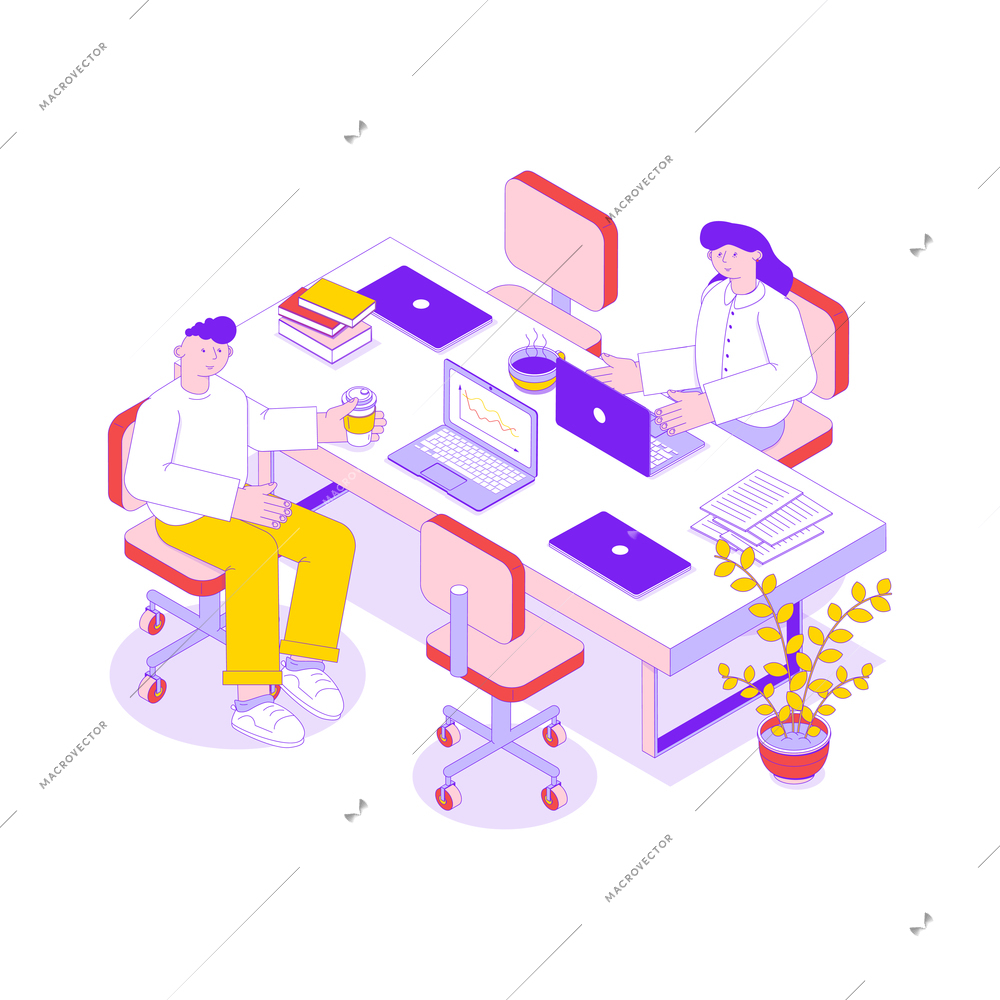 Isometric icon with two business people working in office on laptops 3d vector illustration