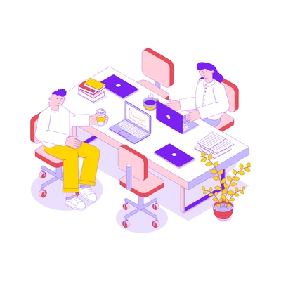 Isometric icon with two business people working in office on laptops 3d vector illustration