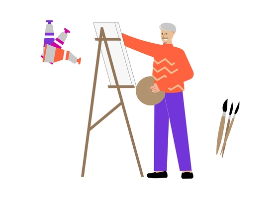 Hobby flat composition with elderly man painting on canvas vector illustration