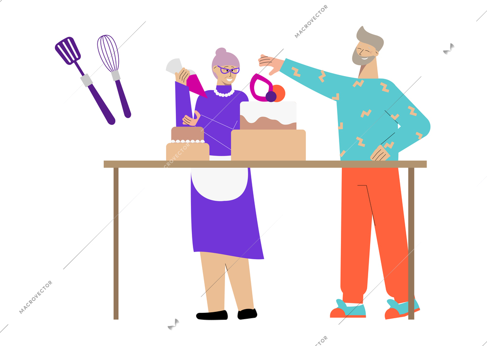 Flat hobby composition with happy senior people cooking cake together vector illustration